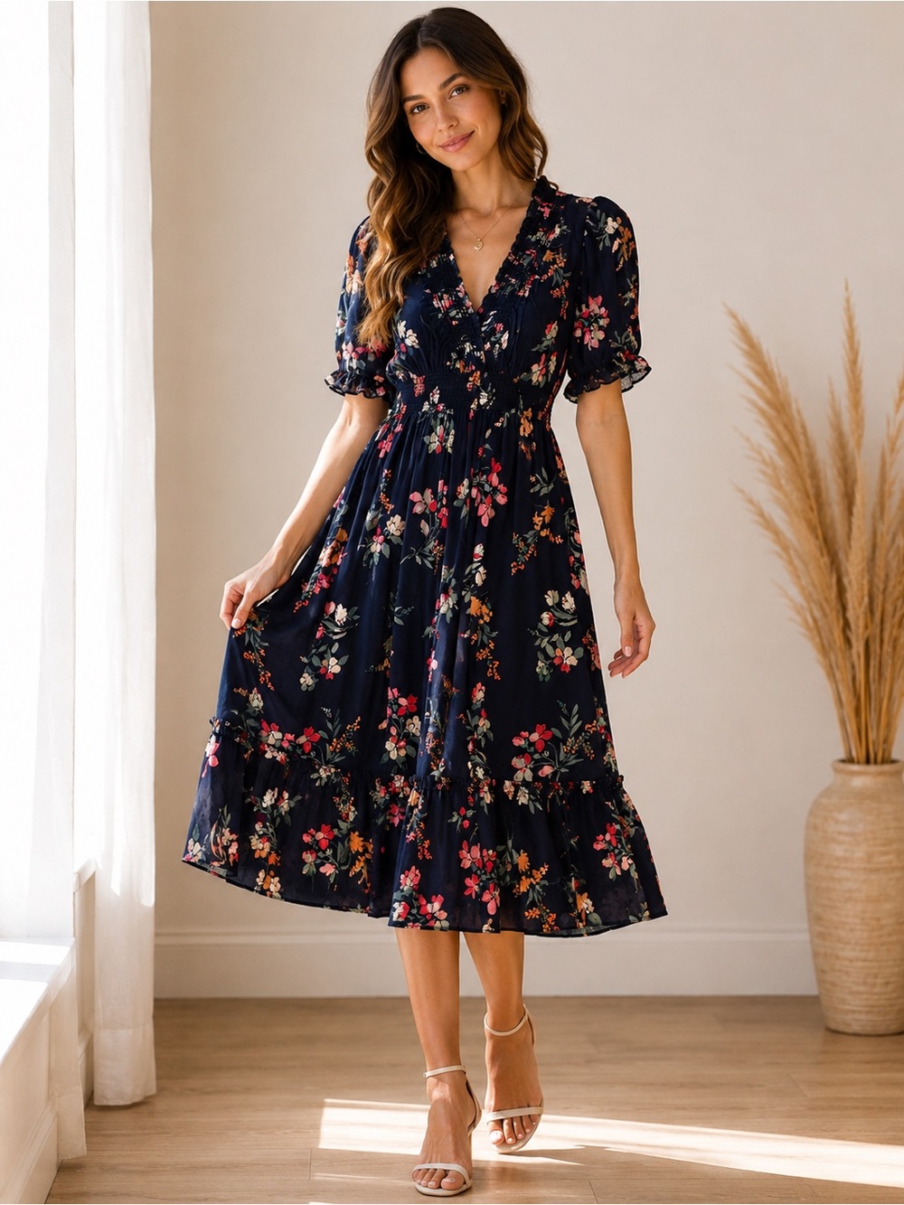 Apricot Size 10 Navy Floral Puff Sleeve Maxi Dress